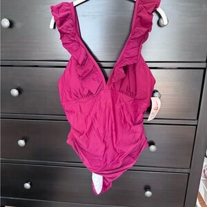 Ruffled V-Neck One-Piece Swimsuit in Magenta